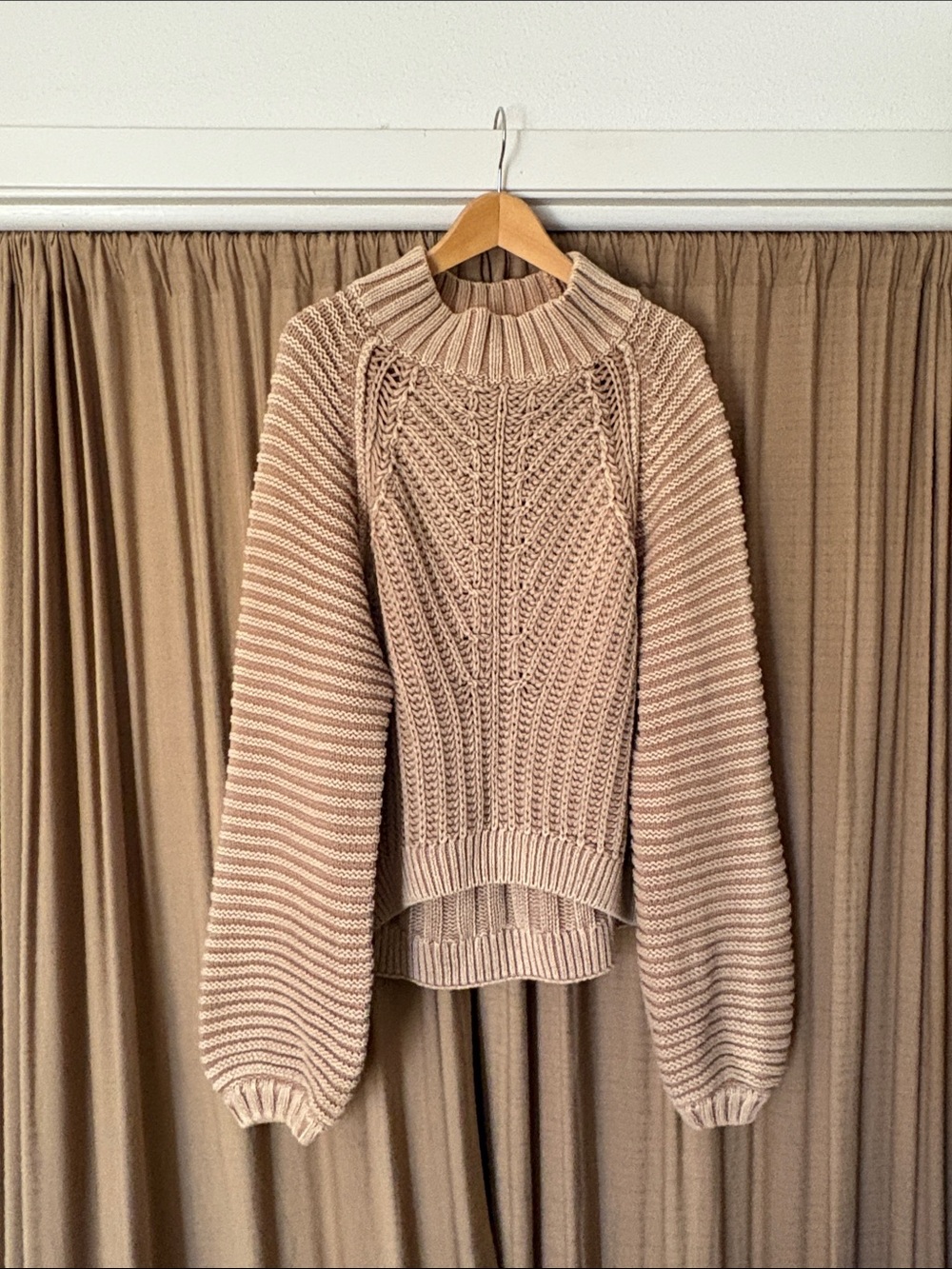 Free People Beige Cable Knit Mockneck Sweater